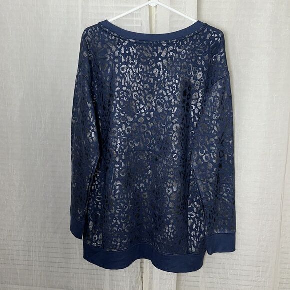 JANE + DELANCEY L Navy Silver Black Metallic Animal Print Crew Fleece Pullover - Picture 3 of 12